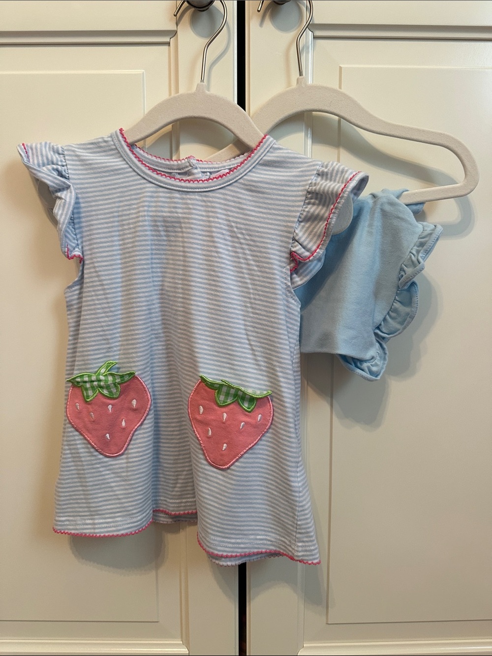 Girls' Light Blue Striped Tee with Strawberry Pocket Details
